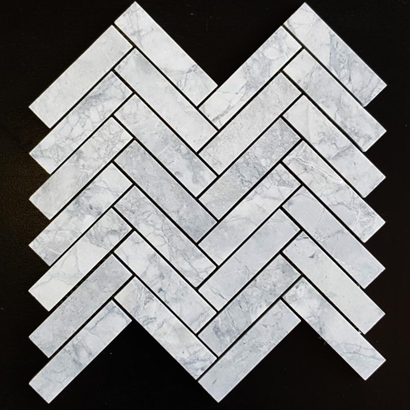 Super White Dolomite Herringbone Honed Marble Mosaic Tiles 98x25