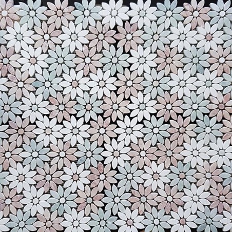 Daisy Flower Pattern Green Celeste/Thassos/Pink Tumbled Marble Mosaic Tiles