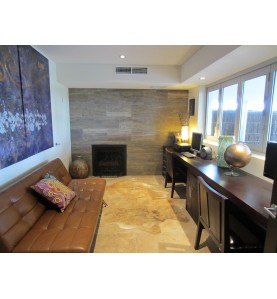 Floor:Travertine Noce Tile-Tumbled| Fireplace Surrounds:Travertine Multicolor Grey 