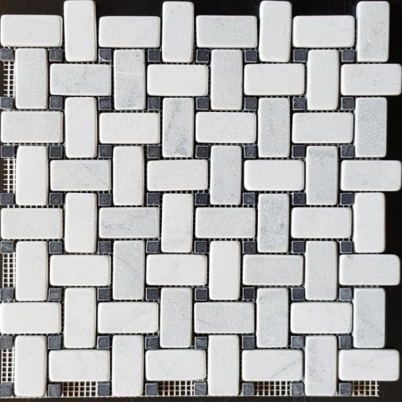 Basketweave Carrara & Nero Marquina Tumbled Marble Mosaic Tiles