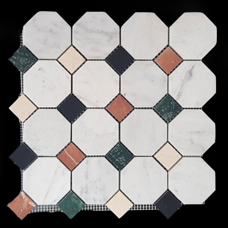 Octagon Carrara & 4 Color Dot Honed Marble Mosaic Tiles 70