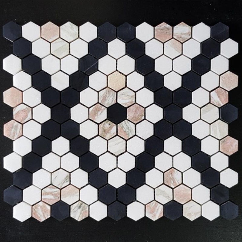 Mix Colour Thassos/Rose/Nero Hexagon Honed Marble Mosaic Tiles 25x25