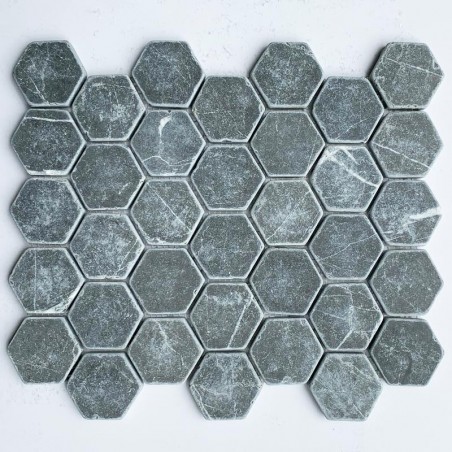 Pietra Grey Hexagon Tumbled Limestone Mosaic Tiles 50x50