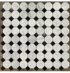 Octagon Carrara Honed & Nero Marquina Dot Polished Marble Mosaic Tiles 70