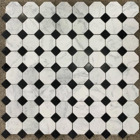 Octagon Carrara Honed & Nero Marquina Dot Polished Marble Mosaic Tiles 70