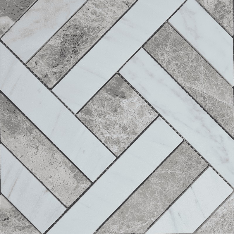 Zebra Basketweave Carrara & Tundra Grey Honed Marble Mosaic Tiles