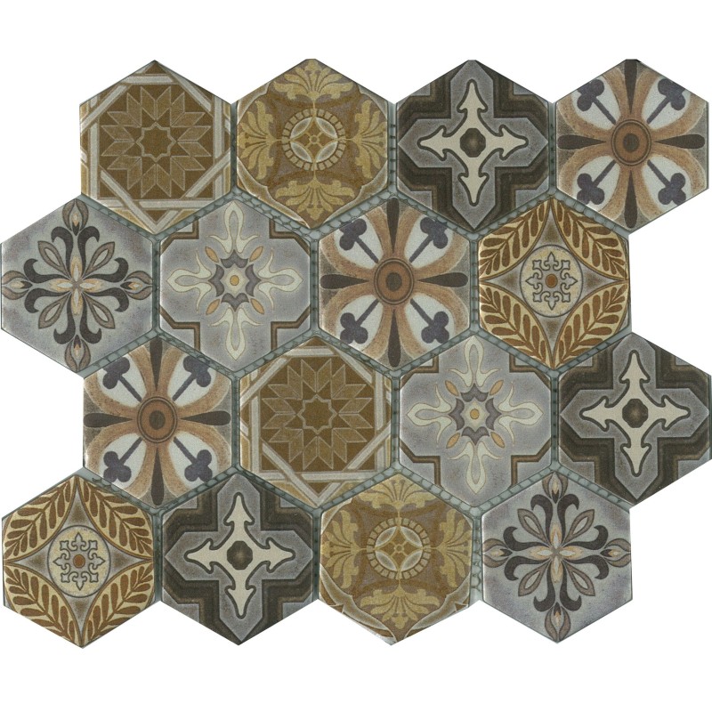 Arabia Silver Patterned Hexagon Satin Glass Mosaic Tiles 73X73