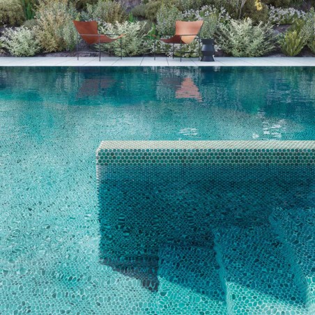 Onix Penny Vanguard Arracife Iridis Emerald Spanish Glass Mosaic Pool Tiles