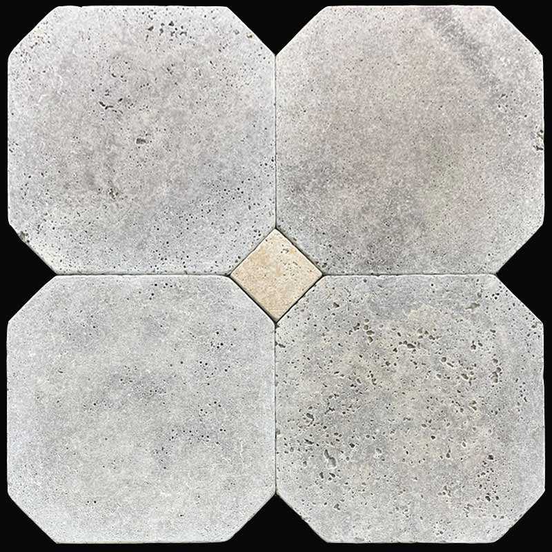 Silver Octagon & Square Tumbled Travertine Tiles