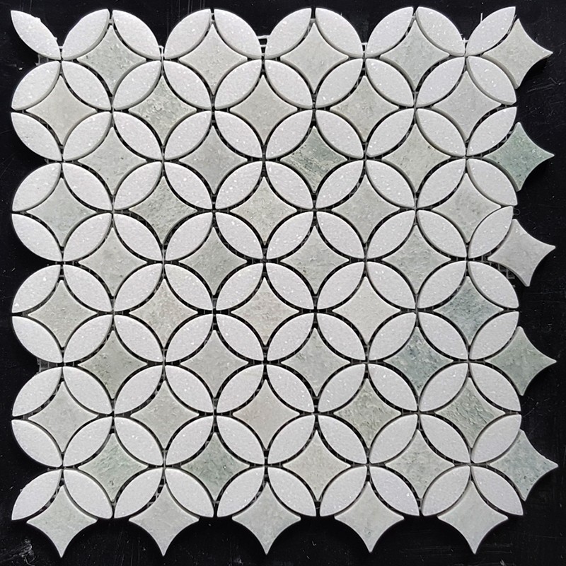 Round Star Green Celeste & Thassos Honed Marble Mosaic Tiles