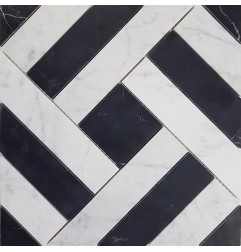 Zebra Basketweave Carrara & Nero Marquina Honed Marble Mosaic Tiles