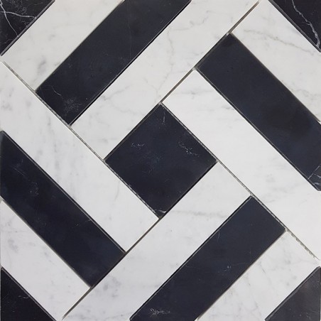 Zebra Basketweave Carrara & Nero Marquina Honed Marble Mosaic Tiles