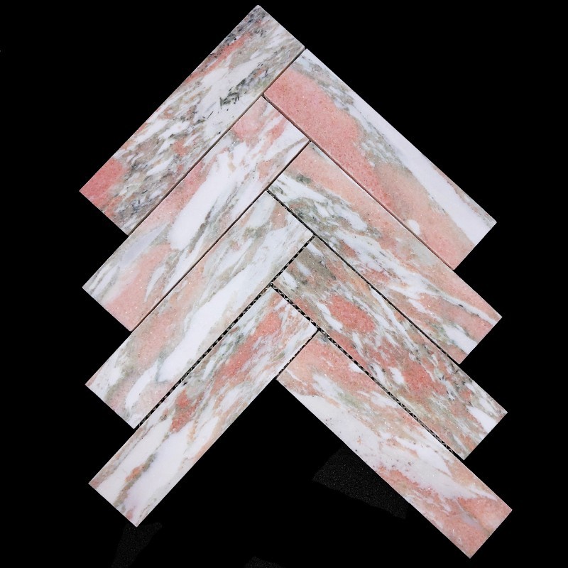 Norwegian Rose Herringbone Honed Marble Mosaic Tiles 200x50